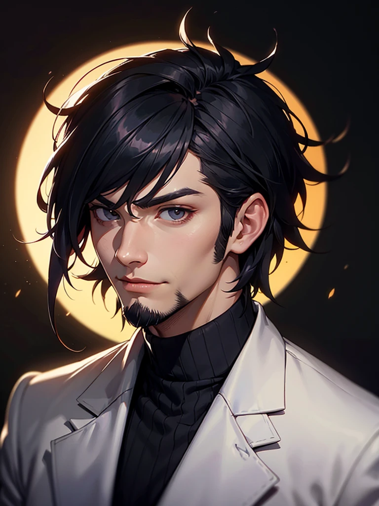 ((Portrait)), He has a Elegant, Black-Haired Appearance, with a Well-Built, Athletic Build, and an Authoritarian Aura. He has a Light Gray Eyes, Expresses a Calm and Friendly Look, Giving Off a Happy and Relaxed Attitude. His Hair is Short and Tousled, with Messy Strands and a Lightly Trimmed Beard. He Wears a Dark Blazer over a Black Turtleneck Sweater, Exuding Elegance and Nobility. ((Portrait, HDR, Dark Background))
