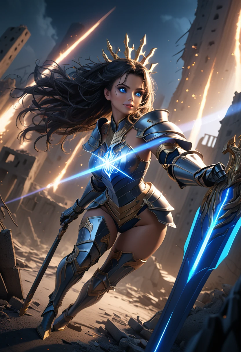 (masterpiece, top quality, best quality, beautiful and aesthetic:1.2), full body, SFW, extremely detailed, detailed eyes, detailed hands, cinematic light, depth of field, 1girl, seducing smile, solo, official, (armored knight:1.4), Ishtar fate, slim body, cinematic lighting, dramatic lighting, dramatic atmosphere, hyper-realistic, high resolution, stunning contrast, high quality, best quality, 8k, 4k, intricately detailed, (amazing details:1.2), highly detailed skin, powerful presence, vibrant colors, (detailed eyes:1.2), striking eyes, (detailed background), (warzone on background, night, ruins), (dynamic angle:1.2), (dynamic pose:1.2)