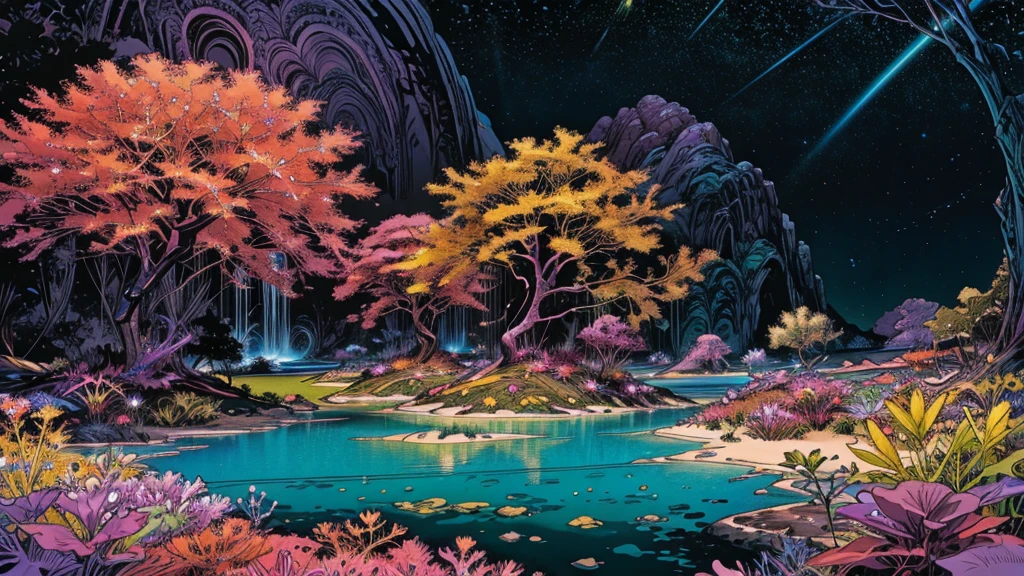 A photorealistic fantastical landscape. The background features floating islands covered in bioluminescent plants, cascading waterfalls of rainbow colors, and giant crystalline structures that refract light. Vibrant colors include deep purples, electric blues, neon pinks, and shimmering golds. The lighting is ethereal, with a soft glow emanating from the plants and crystals. Broad strokes of bright, contrasting colors sweep across the sky, reminiscent of an abstract painting - vibrant oranges, lime greens, and vivid magentas create a striking contrast against the fantastical elements.