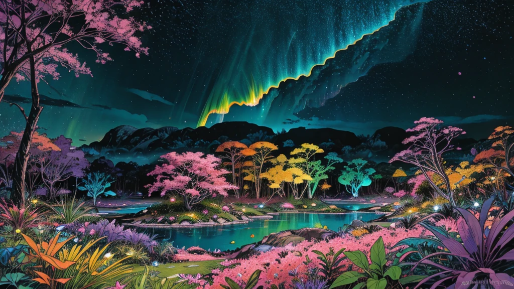A photorealistic fantastical landscape. The background features floating islands covered in bioluminescent plants, cascading waterfalls of rainbow colors, and giant crystalline structures that refract light. Vibrant colors include deep purples, electric blues, neon pinks, and shimmering golds. The lighting is ethereal, with a soft glow emanating from the plants and crystals. Broad strokes of bright, contrasting colors sweep across the sky, reminiscent of an abstract painting - vibrant oranges, lime greens, and vivid magentas create a striking contrast against the fantastical elements.