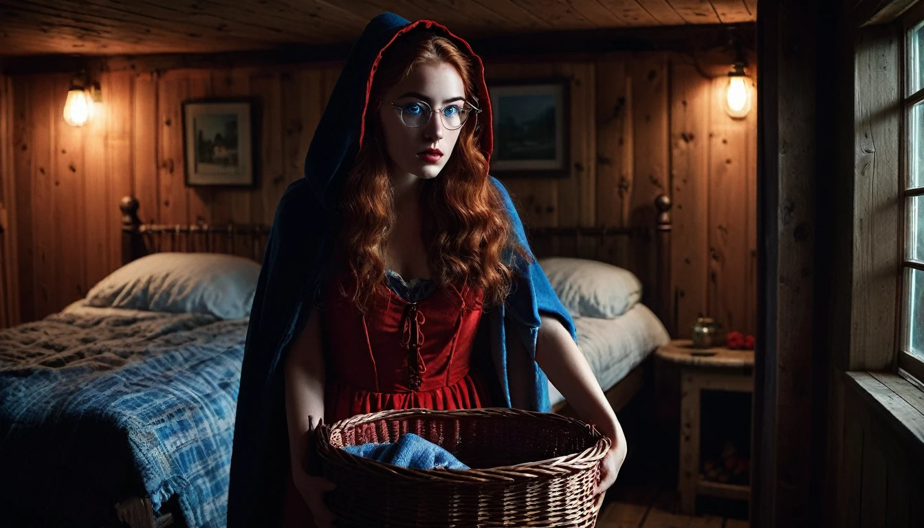 High-contrast photo of a beautiful 23-year-old Russian woman as Red Riding Hood, with long auburn hair and piercing blue eyes, entering a dimly lit bedroom with a mix of fear and curiosity on her face, holding a wicker basket, full body framing, confronting an anthropomorphic wolf poorly disguised as her grandmother in bed, wearing a nightcap and comically oversized glasses, in a rustic cabin interior, dramatic chiaroscuro lighting emphasizing shadows, shot from a slightly low angle, on a Canon EOS R5 with a 24mm wide-angle lens for a sense of unease, (film noir aesthetic:1.3), in the style of (Gregory Crewdson:1.4) meets (Tim Burton:1.2)