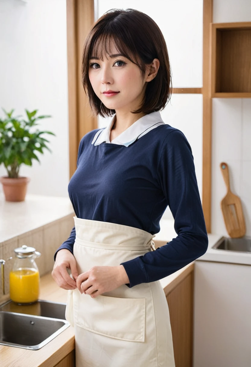 Around 40 Japanese housewife、Naked Apron、Small apron、apron、kitchen、Turn around、Bobcut、Back view