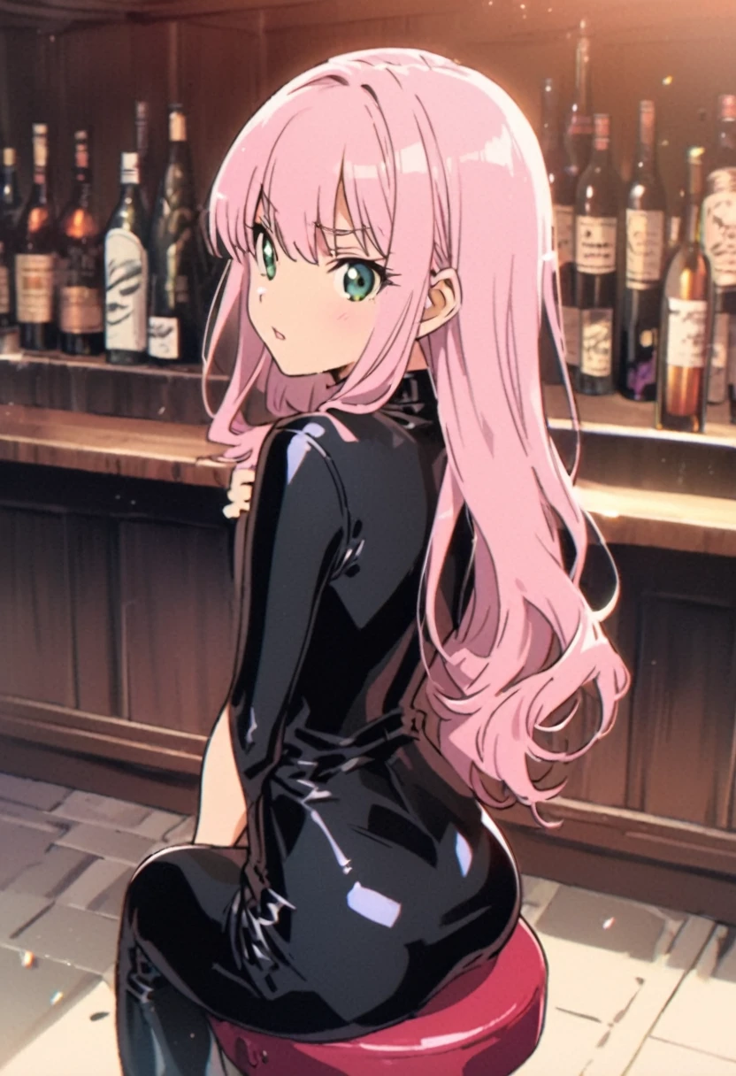 retro anime,90s anime,anime screencap,art by akira toriyama, 1girl,pink hair, green eyes, cute , flat chest, wide hips, tight black latex minidress,

BREAK

sitting,bar stool, arm on the bar, looking back over her shoulder