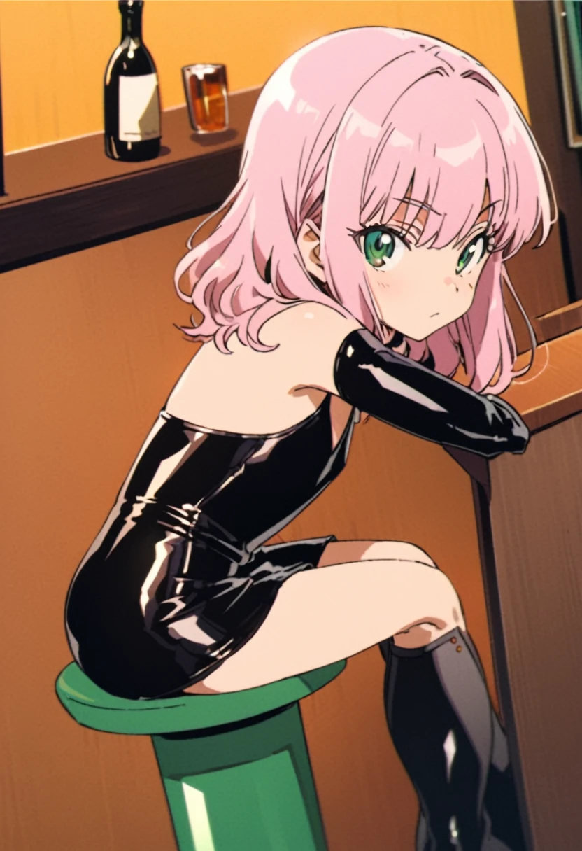 retro anime,90s anime,anime screencap,art by akira toriyama, 1girl,pink hair, green eyes, cute , flat chest, wide hips, tight black latex minidress,

BREAK

sitting,bar stool, arm on the bar, looking back over her shoulder