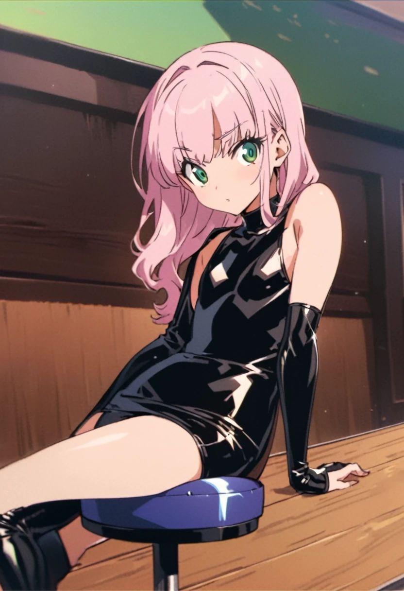 retro anime,90s anime,anime screencap,art by akira toriyama, 1girl,pink hair, green eyes, cute , flat chest, wide hips, tight black latex minidress,

BREAK

sitting,bar stool, arm on the bar, looking back over her shoulder