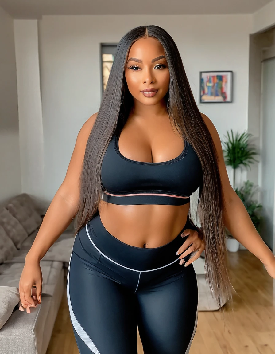 Mixed black ethnicity, curvy girl, long straight hair, sexy sport clothes, at home, sexy pose, cameltoe