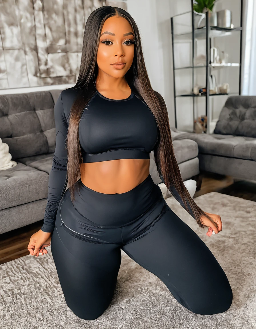 Mixed black ethnicity, curvy girl, long straight hair, sexy sport clothes, at home, sexy pose, cameltoe