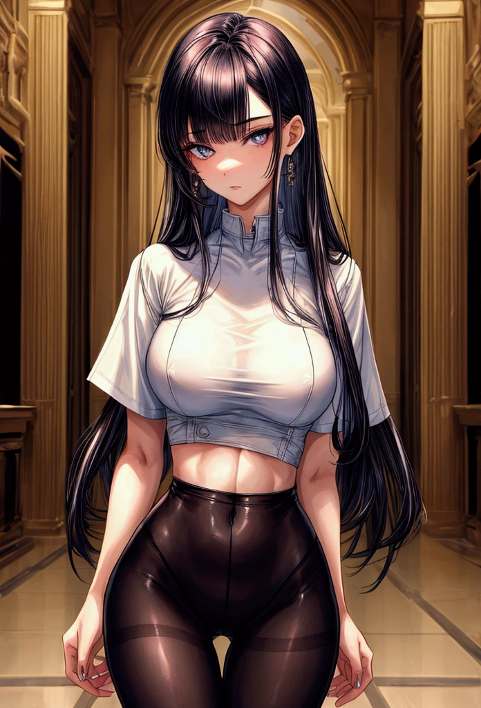 masterpiece, highly detailed, highest quality, high resolution, super precise, (1 girl), plain oversized Tee-shirt, plain semi-opaque colored waist high pantyhose,, flawless skin, inky black dark violet hair, pixie cut hairstyle, sharp facial features, young 16 year old teenager, sharp facial features, high bridged nose, medium height(178cm), cowboy shot, slender and slim body with ample curves, velvet colored eyes,