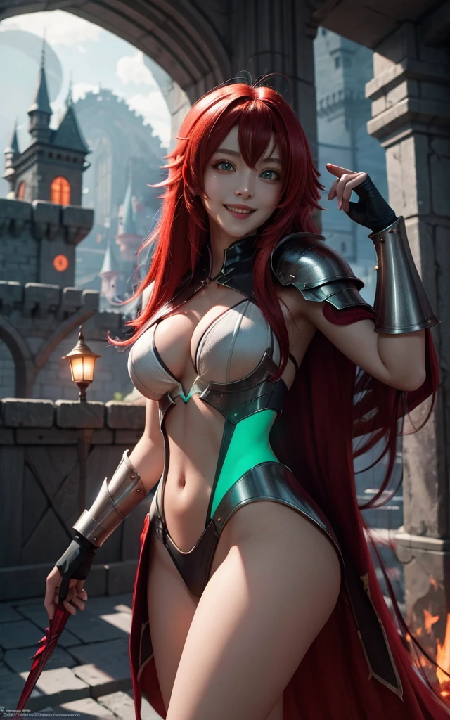 Rias gremory with witchblade armor on, bright red hair, detailed anatomy, green glow eyes, beautiful smiling face, gorgeous female, huanted castle in background,