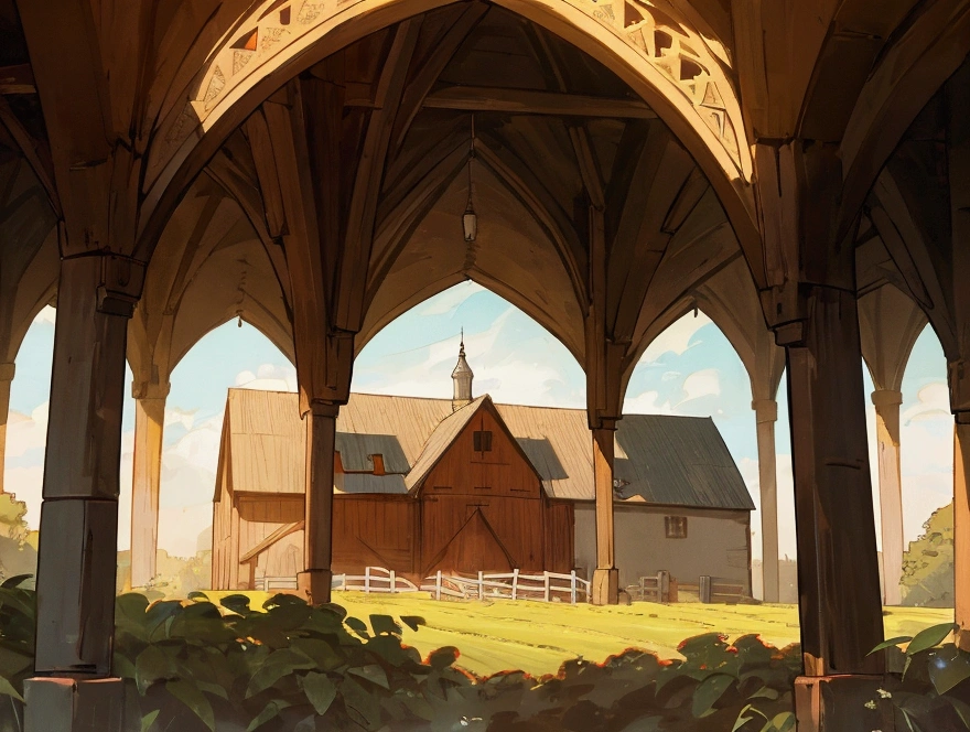 a warm farm with a medieval style in the middle of the day.