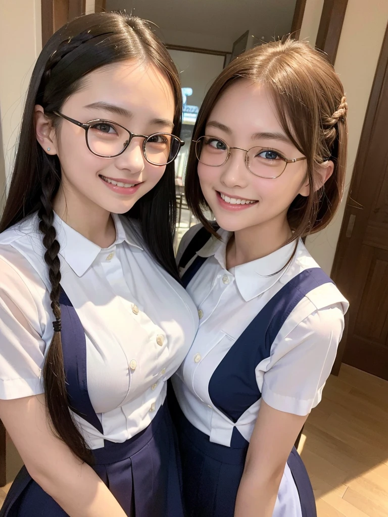 Highest quality、masterpiece、、Very detailed、Realistic、(Two Girls)、(Looking at me with a smile:1.5)、whole body、Small face、(Slender:1.2)、(Big Breasts)、Glasses、(Waitress Uniform)、Braid、Erect nipples、(Anna Miller's uniform)