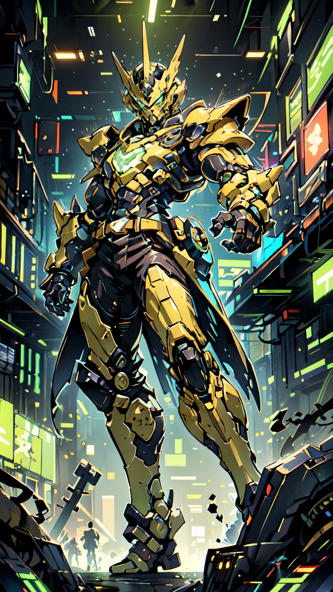 (masterpiece:1.5, best quality:1.5, extremely delicate:1.5, foreshortening:1.5, dynamic angle:1.5), a man wearing a full-face helmet, a fantasy-style biotech armored combat suit, green eyes, (a composite layered chest armor), fully enclosed shoulder guards, matching arm and leg guards, the belt is adorned with neon circuitry, (the color scheme is primarily black with green white accents), the design balances heavy with agility, a high-tech bio-mecha armor, (Armor Concept Inspired by neon Cyberpunk, stand on the top of a skyscraper in a futuristic sci-fi city), this character embodies a finely crafted fantasy-surreal style armored hero in anime style, exquisite and mature manga art style, (element, plasma, energy, the armor glows), ((male:1.5)), metallic, high definition, highres, ultra-detailed, ultra-fine painting, professional, perfect body proportions, golden ratio, anatomically correct, symmetrical face, extremely detailed eyes and face, high quality eyes, creativity, RAW photo, UHD, 32k, Natural light, cinematic lighting, masterpiece-anatomy-perfect