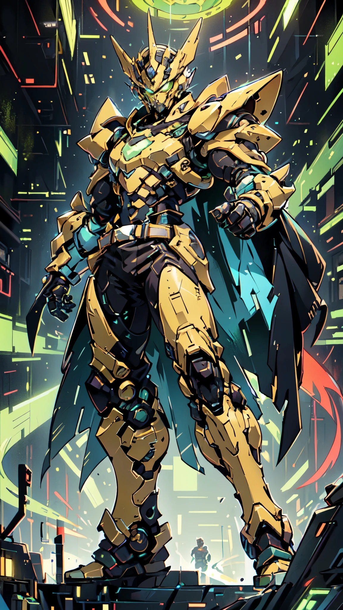 (masterpiece:1.5, best quality:1.5, extremely delicate:1.5, foreshortening:1.5, dynamic angle:1.5), a man wearing a full-face helmet, a fantasy-style biotech armored combat suit, green eyes, (a composite layered chest armor), fully enclosed shoulder guards, matching arm and leg guards, the belt is adorned with neon circuitry, (the color scheme is primarily black with green white accents), the design balances heavy with agility, a high-tech bio-mecha armor, (Armor Concept Inspired by neon Cyberpunk, stand on the top of a skyscraper in a futuristic sci-fi city), this character embodies a finely crafted fantasy-surreal style armored hero in anime style, exquisite and mature manga art style, (element, plasma, energy, the armor glows), ((male:1.5)), metallic, high definition, highres, ultra-detailed, ultra-fine painting, professional, perfect body proportions, golden ratio, anatomically correct, symmetrical face, extremely detailed eyes and face, high quality eyes, creativity, RAW photo, UHD, 32k, Natural light, cinematic lighting, masterpiece-anatomy-perfect