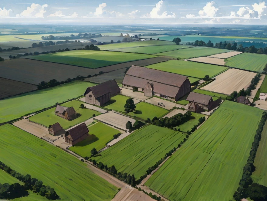 a warm farm with a medieval style in the middle of the day.