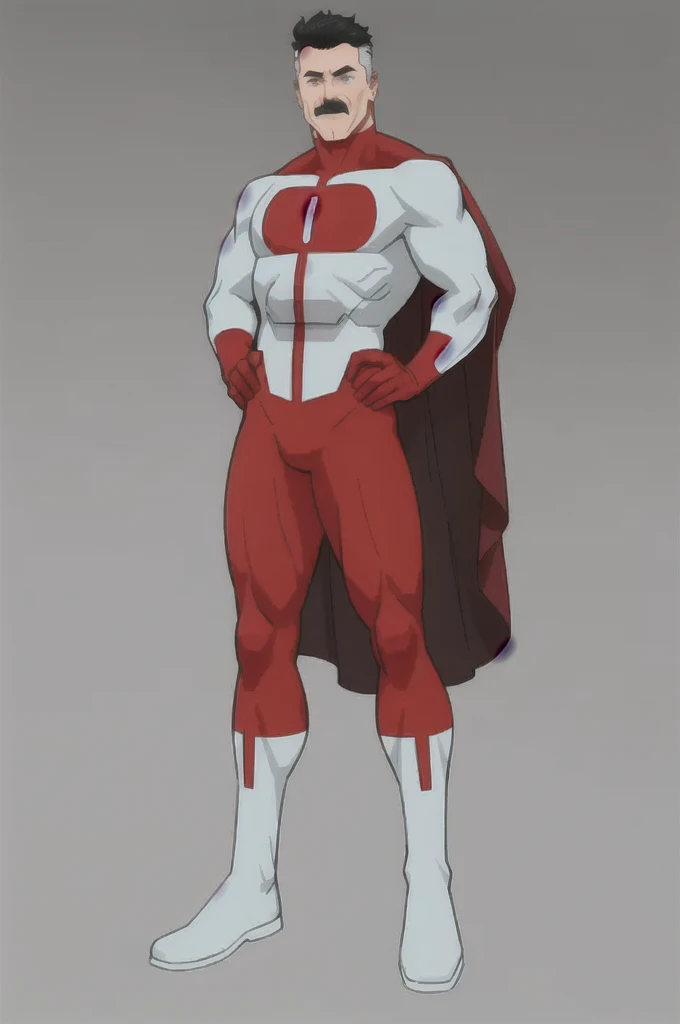 masterpiece, best quality, 1boy, omniman, black hair, short hair, blue eyes, mustache, white bodysuit, red cape, white boots, full body, view from far, solo, view from above, flying, blue sky, cloud