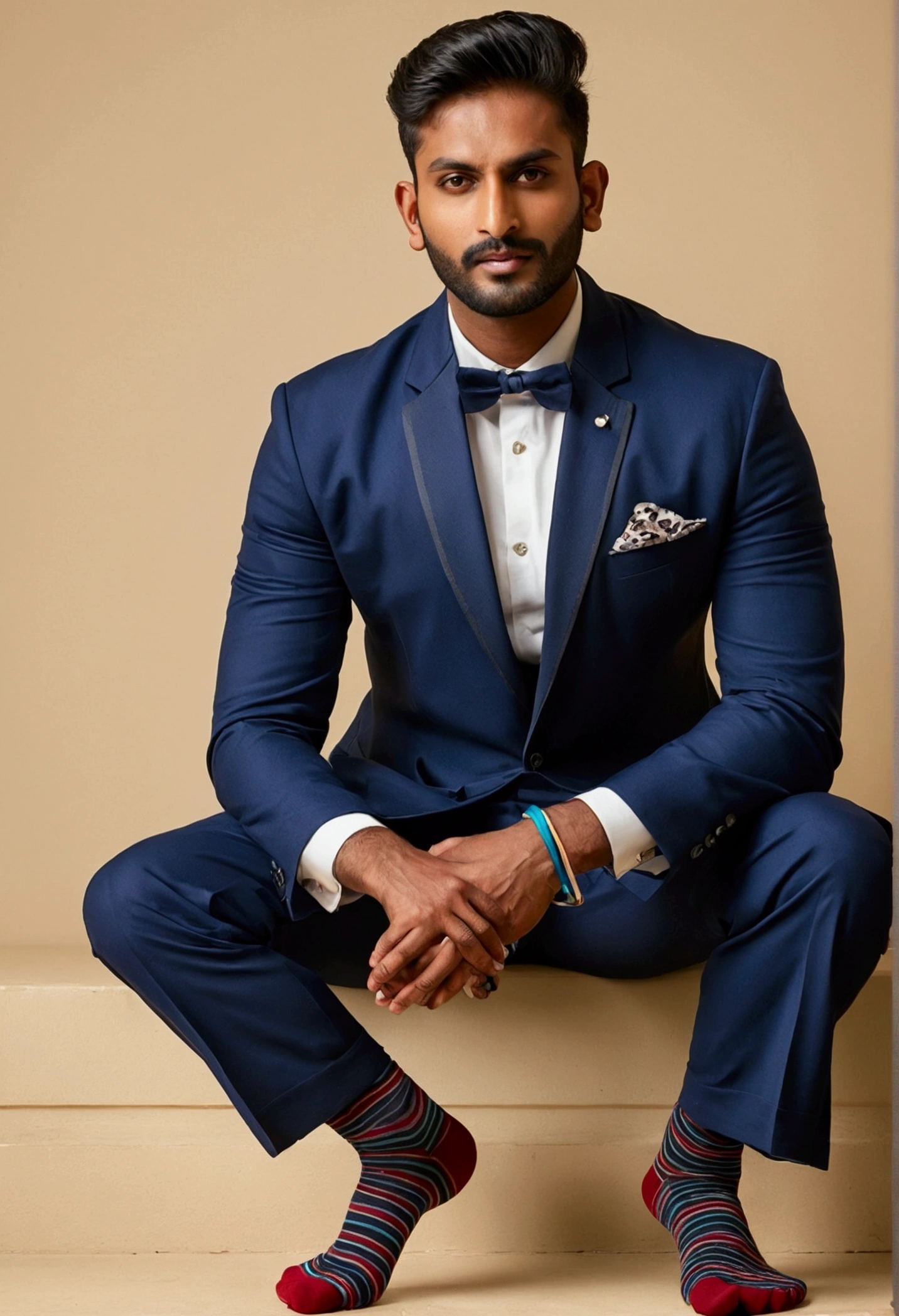 A indian man, handsome face, wearing only socks, nsfw, homoerotic,penis, open legs