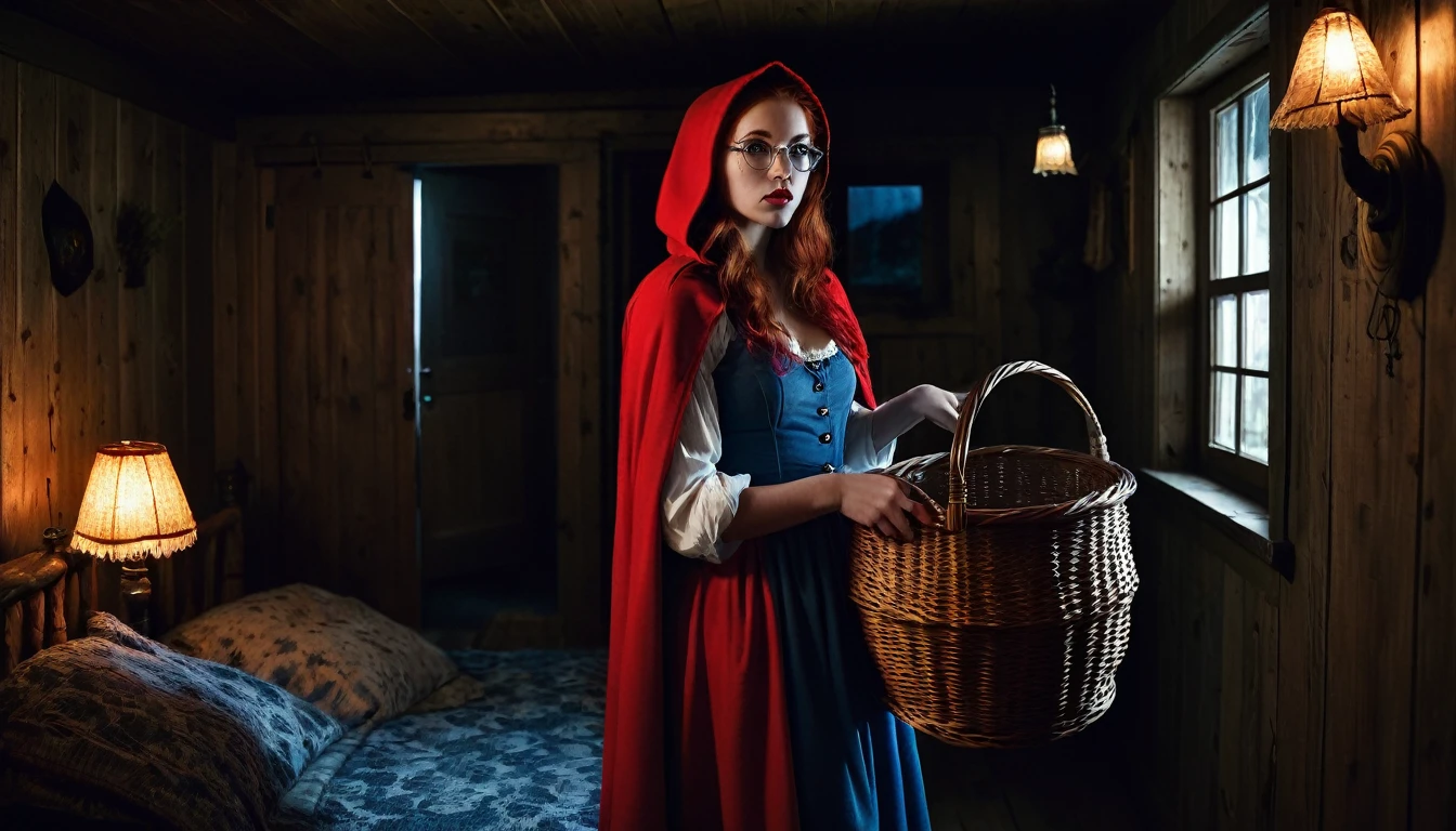 High-contrast photo of a beautiful 23-year-old Russian woman as Red Riding Hood, with long auburn hair and piercing blue eyes, entering a dimly lit bedroom with a mix of fear and curiosity on her face, holding a wicker basket, full body framing, confronting an anthropomorphic wolf poorly disguised as her grandmother in bed, wearing a nightcap and comically oversized glasses, in a rustic cabin interior, dramatic chiaroscuro lighting emphasizing shadows, shot from a slightly low angle, on a Canon EOS R5 with a 24mm wide-angle lens for a sense of unease, (film noir aesthetic:1.3), in the style of (Gregory Crewdson:1.4) meets (Tim Burton:1.2)