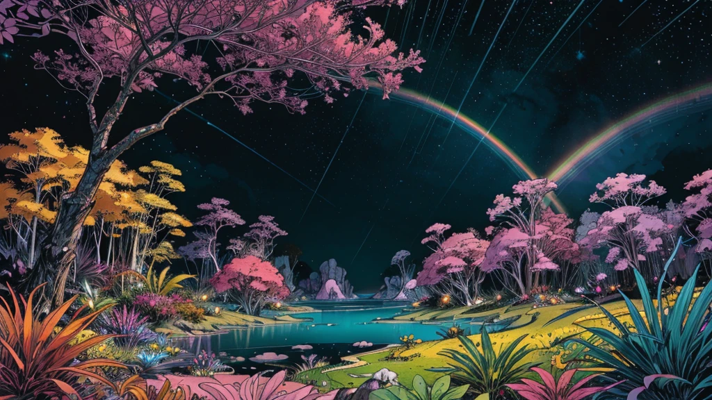 A photorealistic fantastical landscape. The background features floating islands covered in bioluminescent plants, cascading waterfalls of rainbow colors, and giant crystalline structures that refract light. Vibrant colors include deep purples, electric blues, neon pinks, and shimmering golds. The lighting is ethereal, with a soft glow emanating from the plants and crystals. Broad strokes of bright, contrasting colors sweep across the sky, reminiscent of an abstract painting - vibrant oranges, lime greens, and vivid magentas create a striking contrast against the fantastical elements.