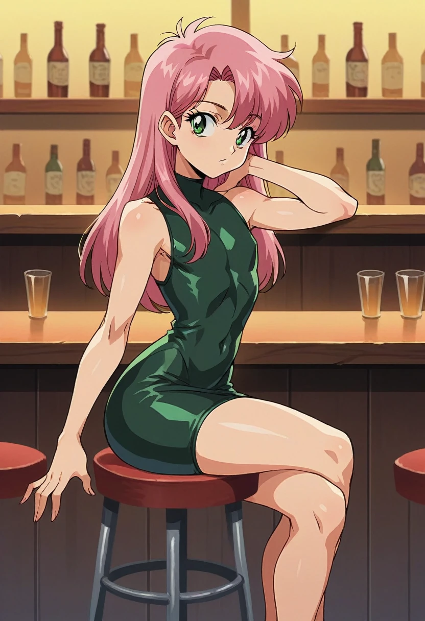 retro anime,90s anime,anime screencap,art by akira toriyama, 1girl,pink hair, green eyes, cute , flat chest, wide hips, tight black latex minidress,

BREAK

sitting,bar stool, arm on the bar, looking back over her shoulder