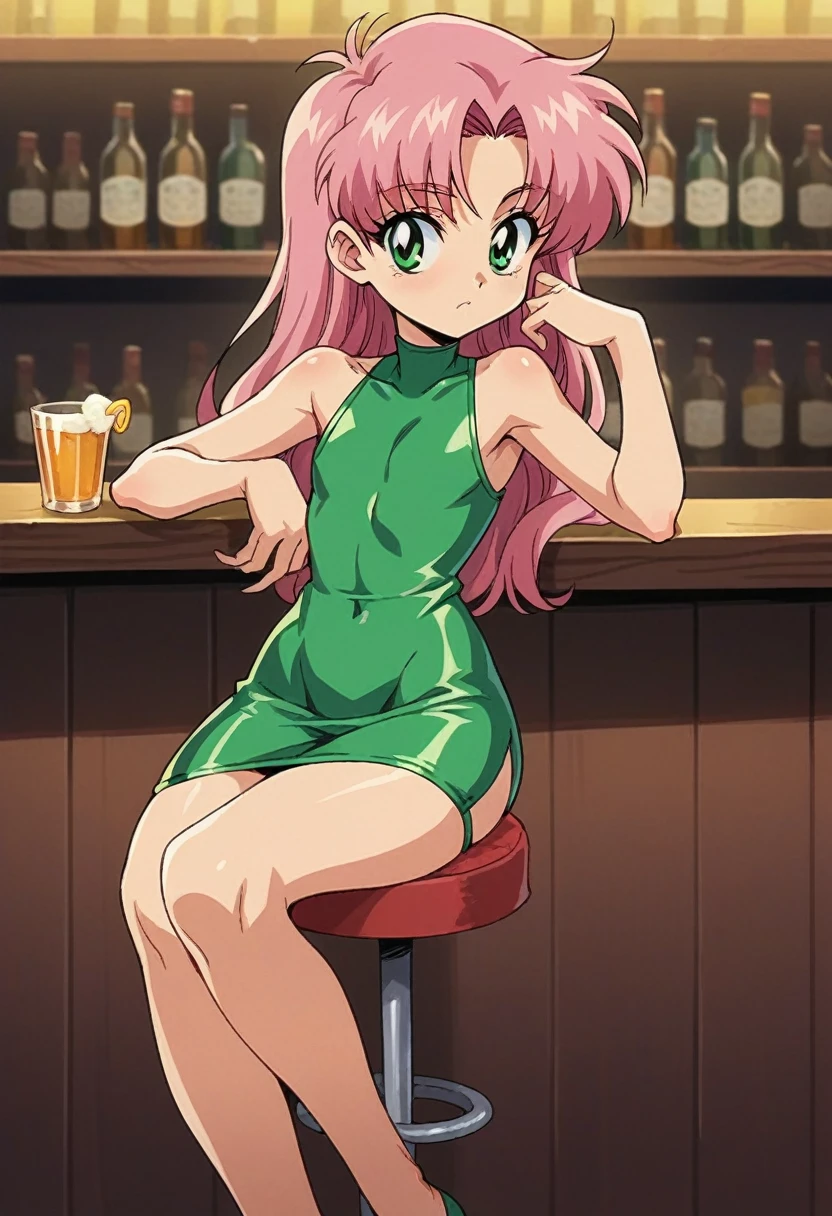 retro anime,90s anime,anime screencap,art by akira toriyama, 1girl,pink hair, green eyes, cute , flat chest, wide hips, tight black latex minidress,

BREAK

sitting,bar stool, arm on the bar, looking back over her shoulder