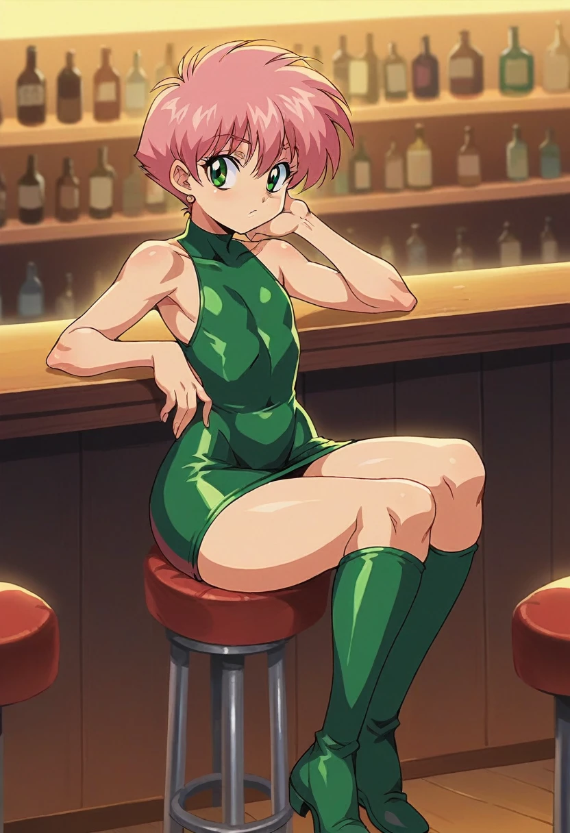 retro anime,90s anime,anime screencap,art by akira toriyama, 1girl,pink hair, green eyes, cute , flat chest, wide hips, tight black latex minidress,

BREAK

sitting,bar stool, arm on the bar, looking back over her shoulder