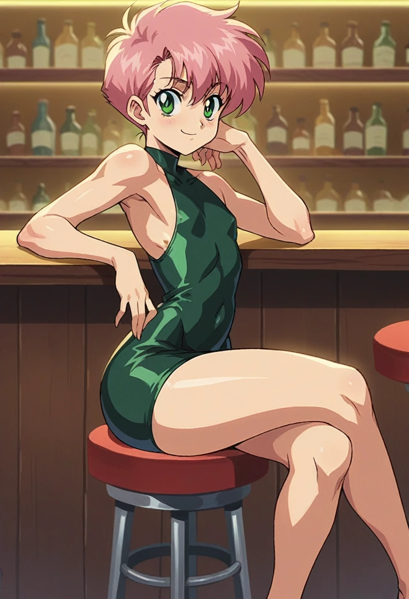 retro anime,90s anime,anime screencap,art by akira toriyama, 1girl,pink hair, green eyes, cute , flat chest, wide hips, tight black latex minidress,

BREAK

sitting,bar stool, arm on the bar, looking back over her shoulder