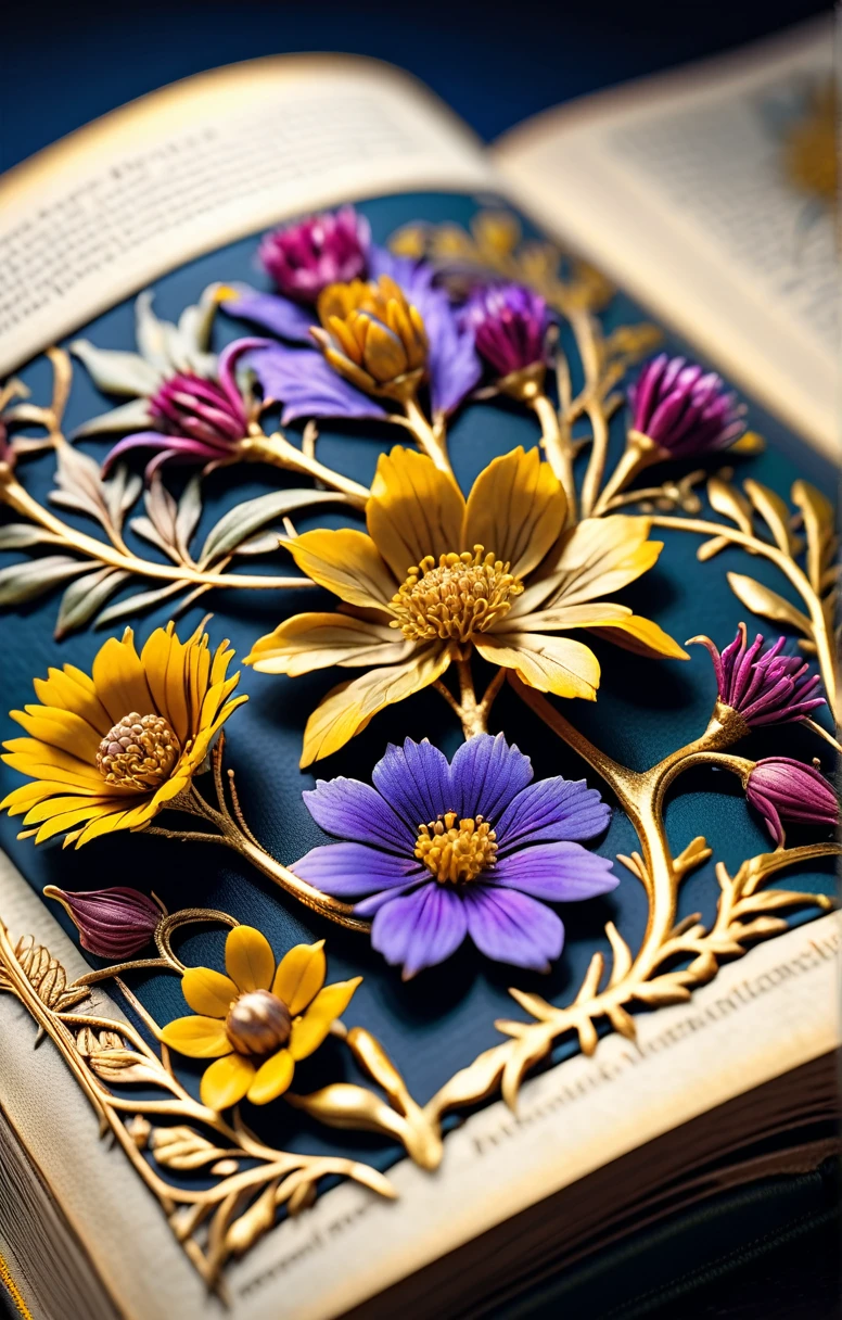high detailed professional dark and moody macro-photo of dried flowers out from a medieval illuminated page in an old botany book, gold filigree, botanical illustration, grainy, Intricate plant details, with vibrant colors, vivid colors, atmospheric fog. 35mm photography, Movie, bokeh, professional, 4k, Very detailed, realistic skin detail, ultra realistic, macro photography, close up, hyper detailed, trend on Artstation, sharp focus, studio photo, intricate details, Very detailed, Lt. Greg Rutkowski, ((MANUAL OF BODILY HEALTH))