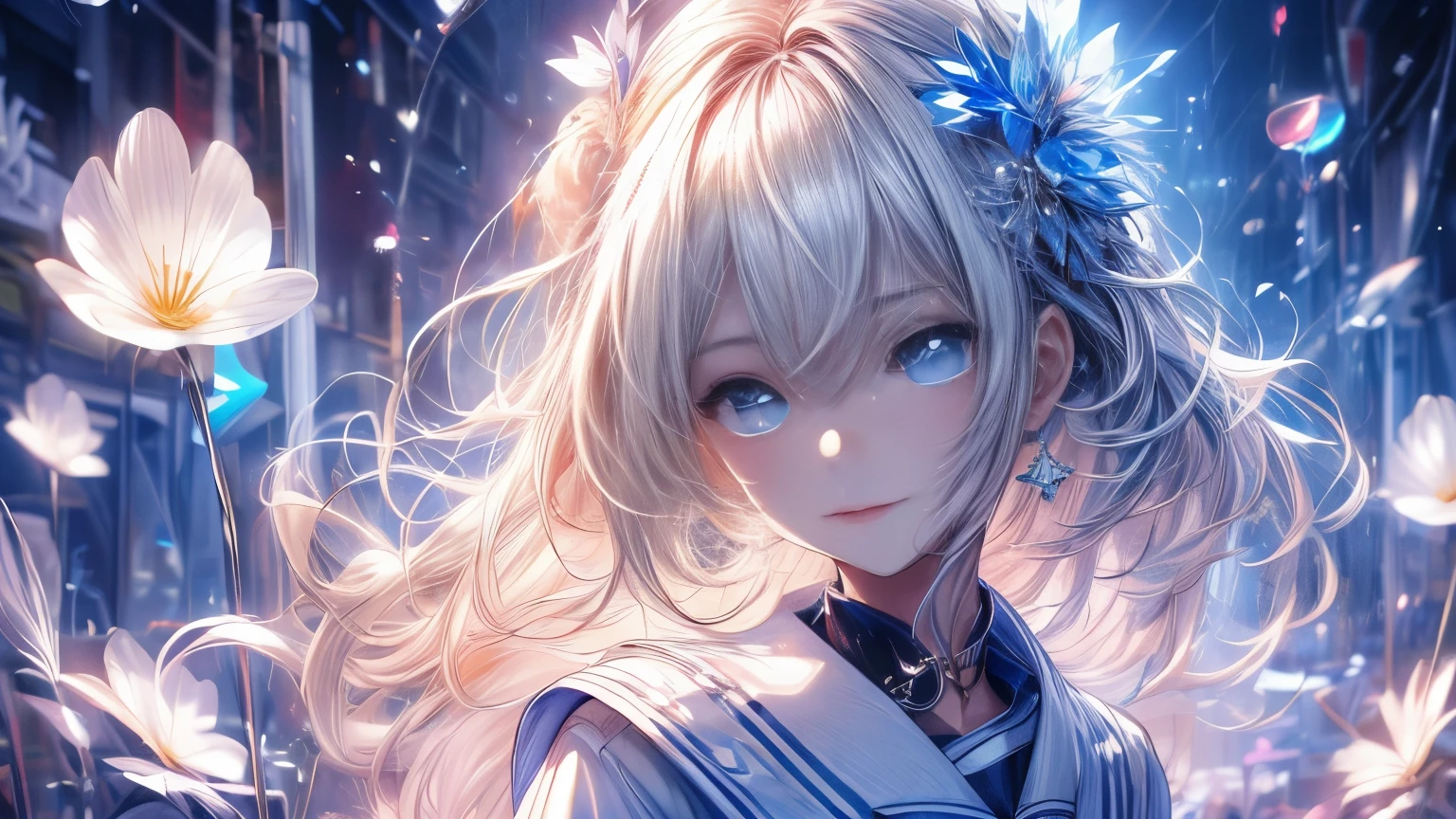 8k resolution, ((of the highest quality)), ((Masterpiece)), ((super detailed)), (very delicate and beautiful), with a girl, Alone, gentle expression, She is very(chill out)with(calm)Appearance, water colored hair, Depth of written limits., bright smile, Young Expression, bright water eyes, 美しいwater colored hair, beautiful background, wide, line art, cute sailor suit, Sailor style, Eyes that shine like sapphires, upper eye, wonderful eyes, water, water sea, water drops are dancing, Upper part of the body