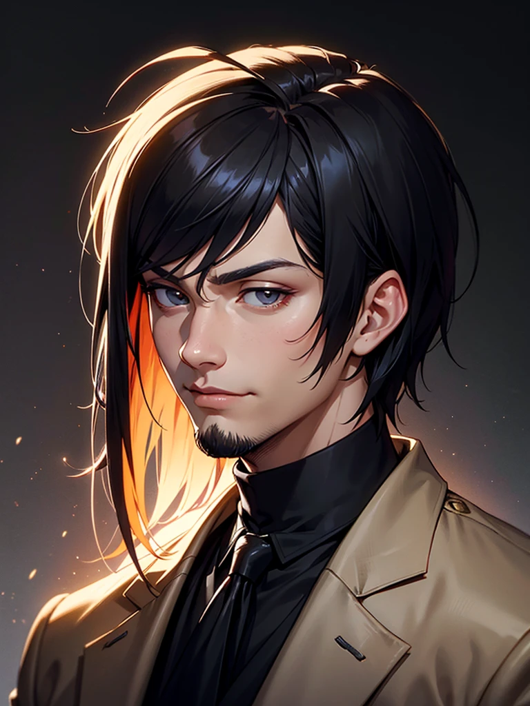 ((Portrait)), He has a Elegant, Black-Haired Appearance, with a Well-Built, Athletic Build, and an Authoritarian Aura. He has a Light Gray Eyes, Expresses a Calm and Friendly Look, Giving Off a Happy and Relaxed Attitude. His Hair is Short and Tousled, with Messy Strands and a Lightly Trimmed Beard. He Wears a Dark Blazer over a Black Turtleneck Sweater, Exuding Elegance and Nobility. ((Portrait, HDR, Dark Background))