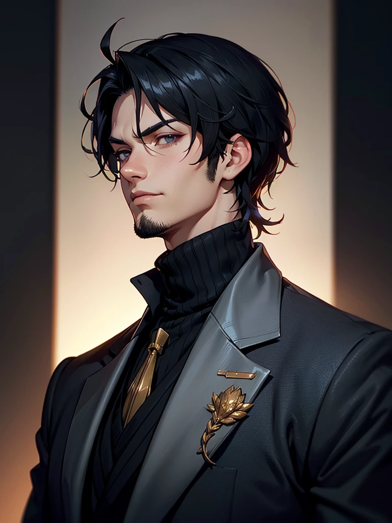 ((Portrait)), He has a Elegant, Black-Haired Appearance, with a Well-Built, Athletic Build, and an Authoritarian Aura. He has a Light Gray Eyes, Expresses a Calm and Friendly Look, Giving Off a Happy and Relaxed Attitude. His Hair is Short and Tousled, with Messy Strands and a Lightly Trimmed Beard. He Wears a Dark Blazer over a Black Turtleneck Sweater, Exuding Elegance and Nobility. ((Portrait, HDR, Dark Background))