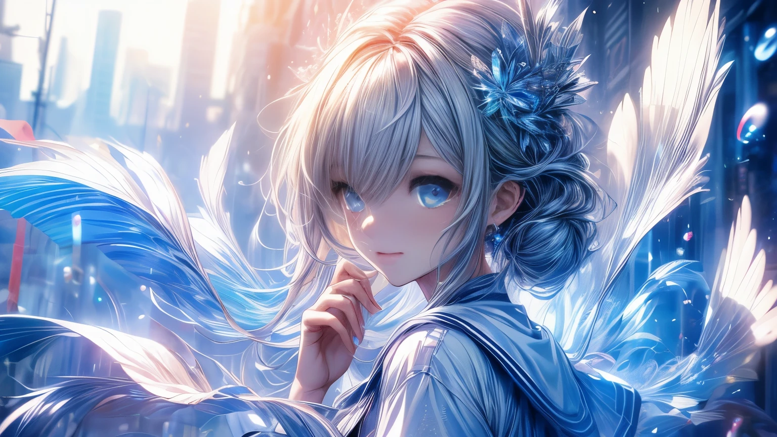 8k resolution, ((of the highest quality)), ((Masterpiece)), ((super detailed)), (very delicate and beautiful), with a girl, Alone, gentle expression, She is very(chill out)with(calm)Appearance, water colored hair, Depth of written limits., bright smile, Young Expression, bright water eyes, 美しいwater colored hair, beautiful background, wide, line art, cute sailor suit, Sailor style, Eyes that shine like sapphires, upper eye, wonderful eyes, water, water sea, water drops are dancing, Upper part of the body