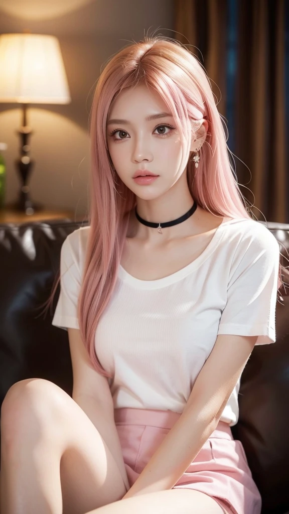 1 woman, yellow eyes, Twin hair, long hair, pink hair, Medium bust, Medium ass, bobby pins, choker, bored facial, earring, short skirt, The white shirt almost came off., sitting on the sofa, lazy, relax, sleepy face , bored, Drink beer, Red face from drinking, blurred background, Very detailed, 8k wallpaper, glare, Ray tracing, realistic