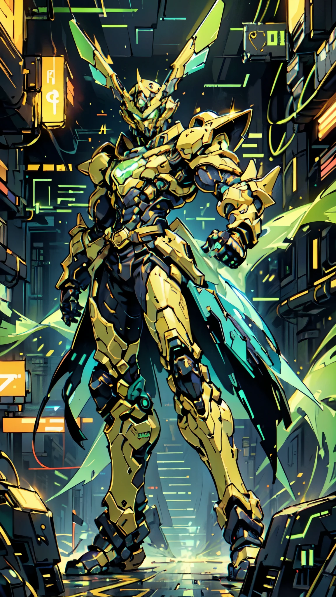 (masterpiece:1.5, best quality:1.5, extremely delicate:1.5, foreshortening:1.5, dynamic angle:1.5), a man wearing a full-face helmet, a fantasy-style biotech armored combat suit, green eyes, (a composite layered chest armor), fully enclosed shoulder guards, matching arm and leg guards, the belt is adorned with neon circuitry, (the color scheme is primarily black with green white accents), the design balances heavy with agility, a high-tech bio-mecha armor, (Armor Concept Inspired by neon Cyberpunk, stand on the top of a skyscraper in a futuristic sci-fi city), this character embodies a finely crafted fantasy-surreal style armored hero in anime style, exquisite and mature manga art style, (element, plasma, energy, the armor glows), ((male:1.5)), metallic, high definition, highres, ultra-detailed, ultra-fine painting, professional, perfect body proportions, golden ratio, anatomically correct, symmetrical face, extremely detailed eyes and face, high quality eyes, creativity, RAW photo, UHD, 32k, Natural light, cinematic lighting, masterpiece-anatomy-perfect