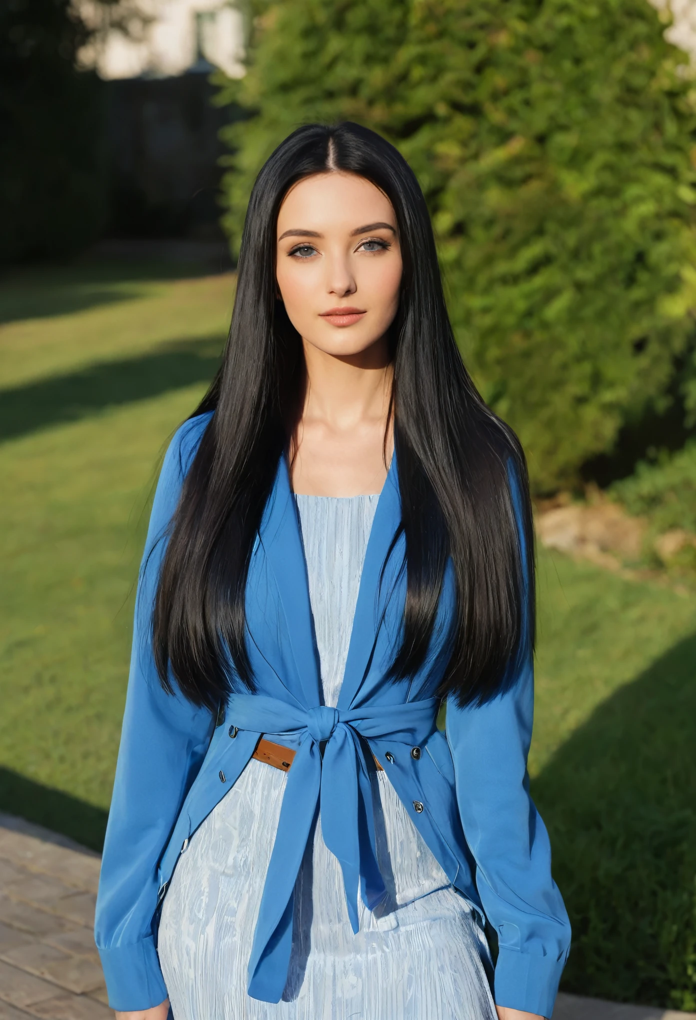 a closeup of a woman wearing a blue jacket and a blue dress, female with long black hair, straight hairstyle, with straight black hair, with long hair, with long dark hair, with long black hair, Her hair is long and straight., young woman with long dark hair, long straight black hair, perfect silky straight hair, girl with super long hair