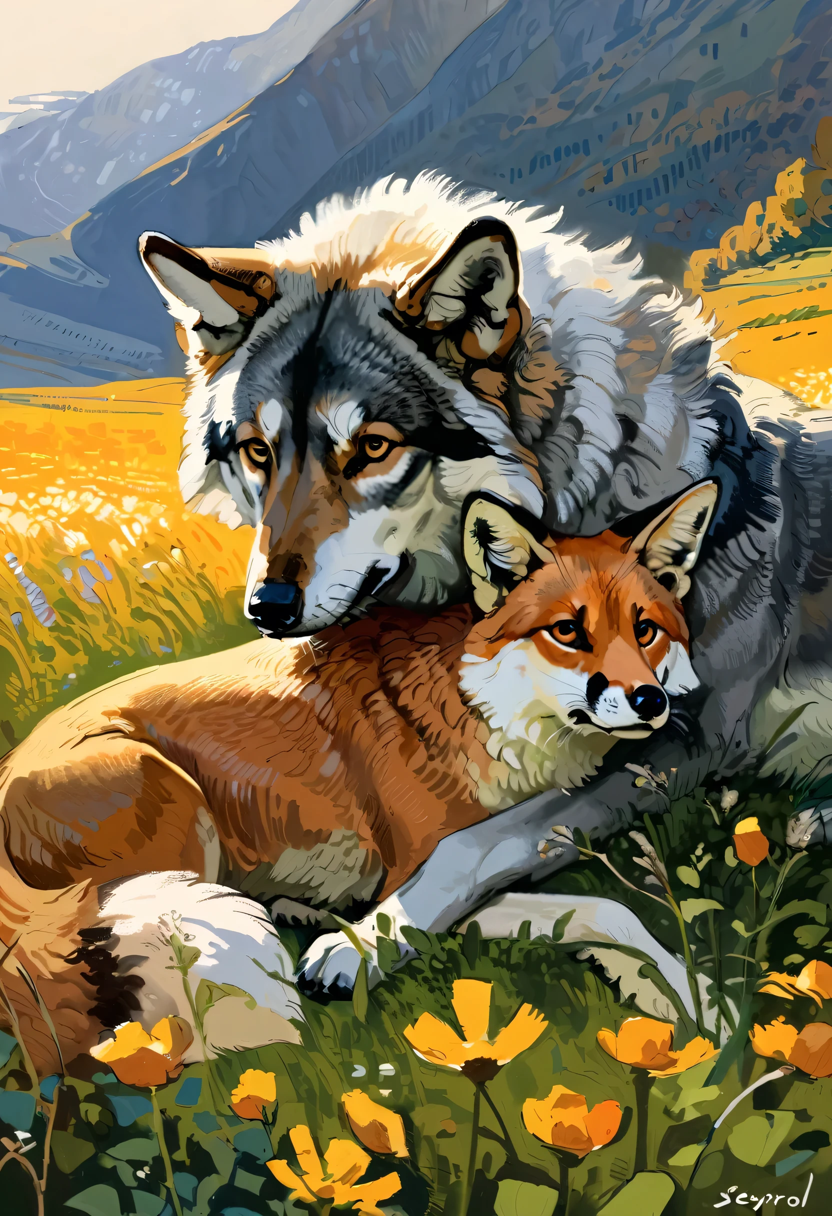 ((large gray wolf lovingly nuzzling a fox)), feral, (by seyorrol), (tail), ((intricate detailed background, field background)) realistic shading, (epic, masterpiece, high quality, 8k, ultra HD, absurd res, top quality, best quality, max quality, masterpiece), (correct :1.2), snout, fur, (((realistic eyes))), (dynamic lighting), (((expressive)), (detailed eyes),