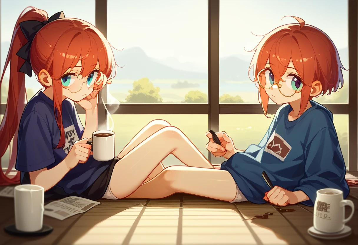 daughter, in floor, no censure, mic, fly away, , showing the feet to the viewer, gazing at viewer, Kale, cheerfulness, coffee with milk na boca, coffee with milk nas solas, coffee with milk, long medium red hair, round glasses
