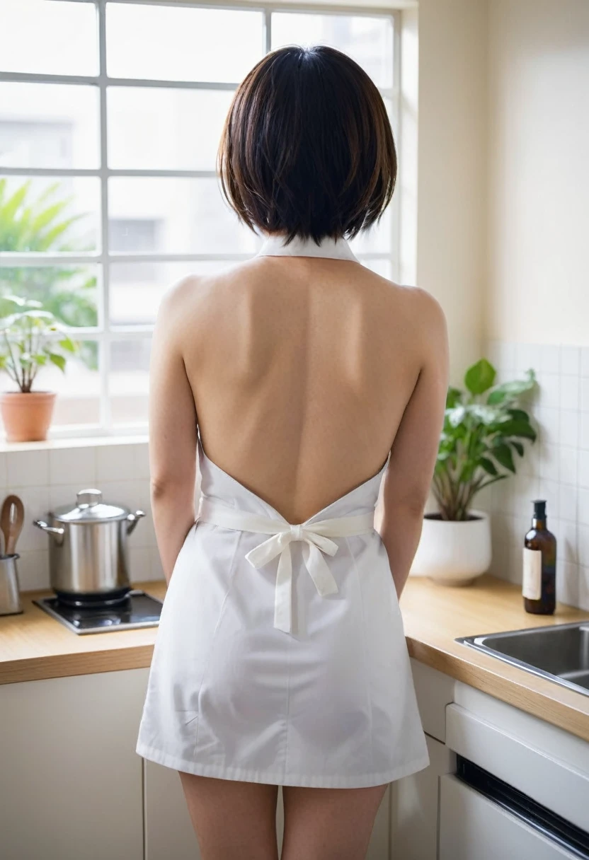 Japanese woman in her 40s、naked apron、kitchen、Back view、Turn around、Bobcut