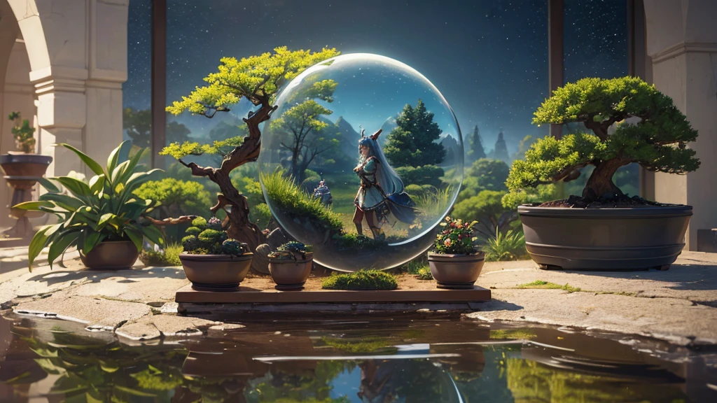 (((masterpiece))), ((ultrarealistic)), (octane render|midjourney), "Evgeni Vodenitcharov Art Style", a huge and cute bonsai surrounded by elves and magical goblins, Nvidia RTX|octane render|midjourney|stable diffusion, reflections/refraction/subsurface scattering/intricate details, fairy settings, magical sky C35-2