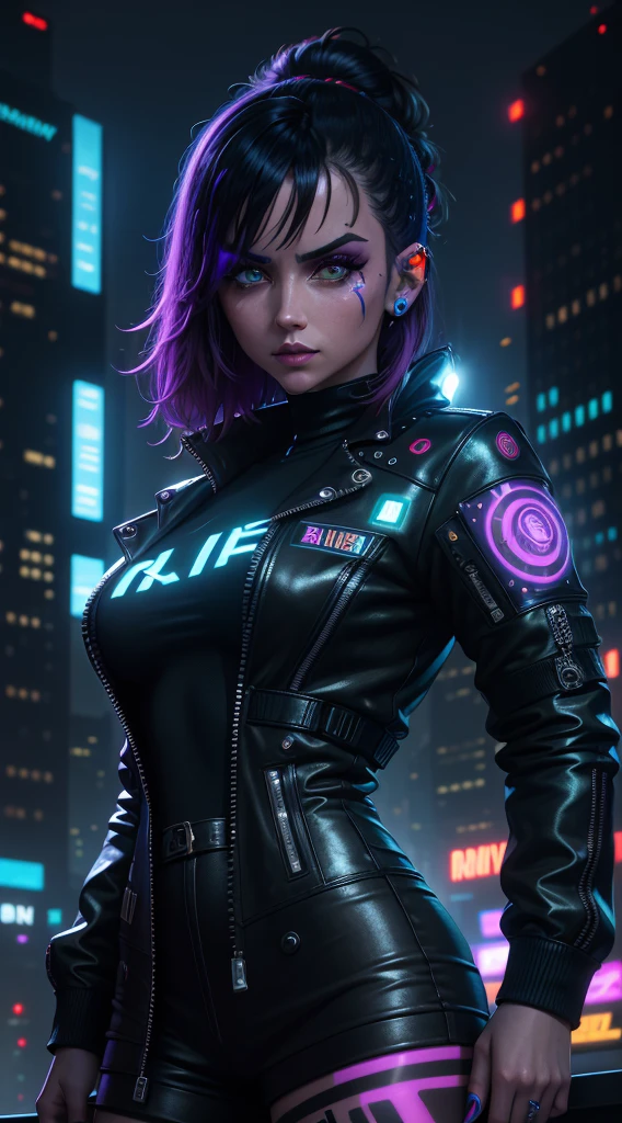 anamr, cyberpunk, neon, cyber hair, glare eyes, futuristic makeup, roupa high-tech, holographic tattoos, nighttime city, Raby, busy street, glowing neon, urban atmosphere.
