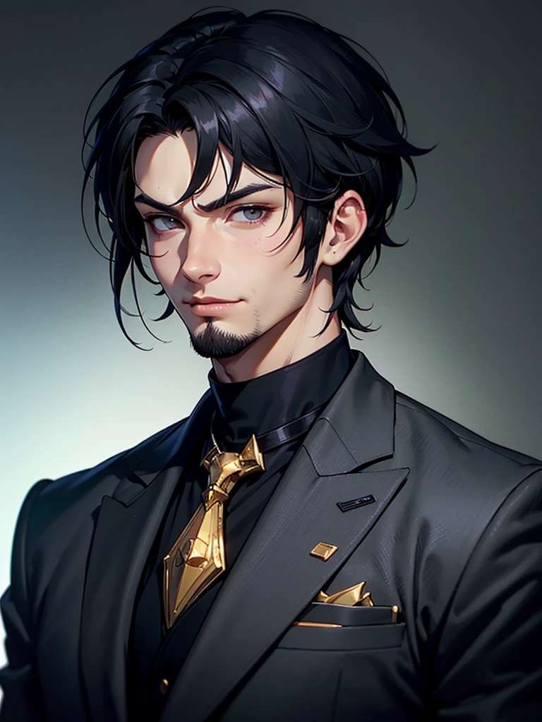 ((Portrait)), He has a Elegant, Black-Haired Appearance, with a Well-Built, Athletic Build, and an Authoritarian Aura. He has a Light Gray Eyes, Expresses a Calm and Friendly Look, Giving Off a Happy and Relaxed Attitude. His Hair is Short and Tousled, with Messy Strands and a Lightly Trimmed Beard. He Wears a Dark Blazer over a Black Turtleneck Sweater, Exuding Elegance and Nobility. ((Portrait, HDR, Dark Background))