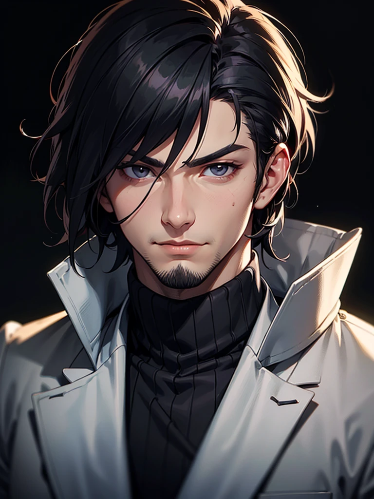 ((Portrait)), He has a Elegant, Black-Haired Appearance, with a Well-Built, Athletic Build, and an Authoritarian Aura. He has a Light Gray Eyes, Expresses a Calm and Friendly Look, Giving Off a Happy and Relaxed Attitude. His Hair is Short and Tousled, with Messy Strands and a Lightly Trimmed Beard. He Wears a Dark Blazer over a Black Turtleneck Sweater, Exuding Elegance and Nobility. ((Portrait, HDR, Dark Background))