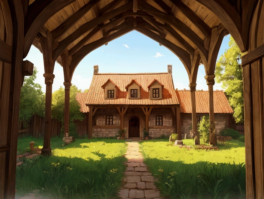 a warm farm with a medieval style in the middle of the day.