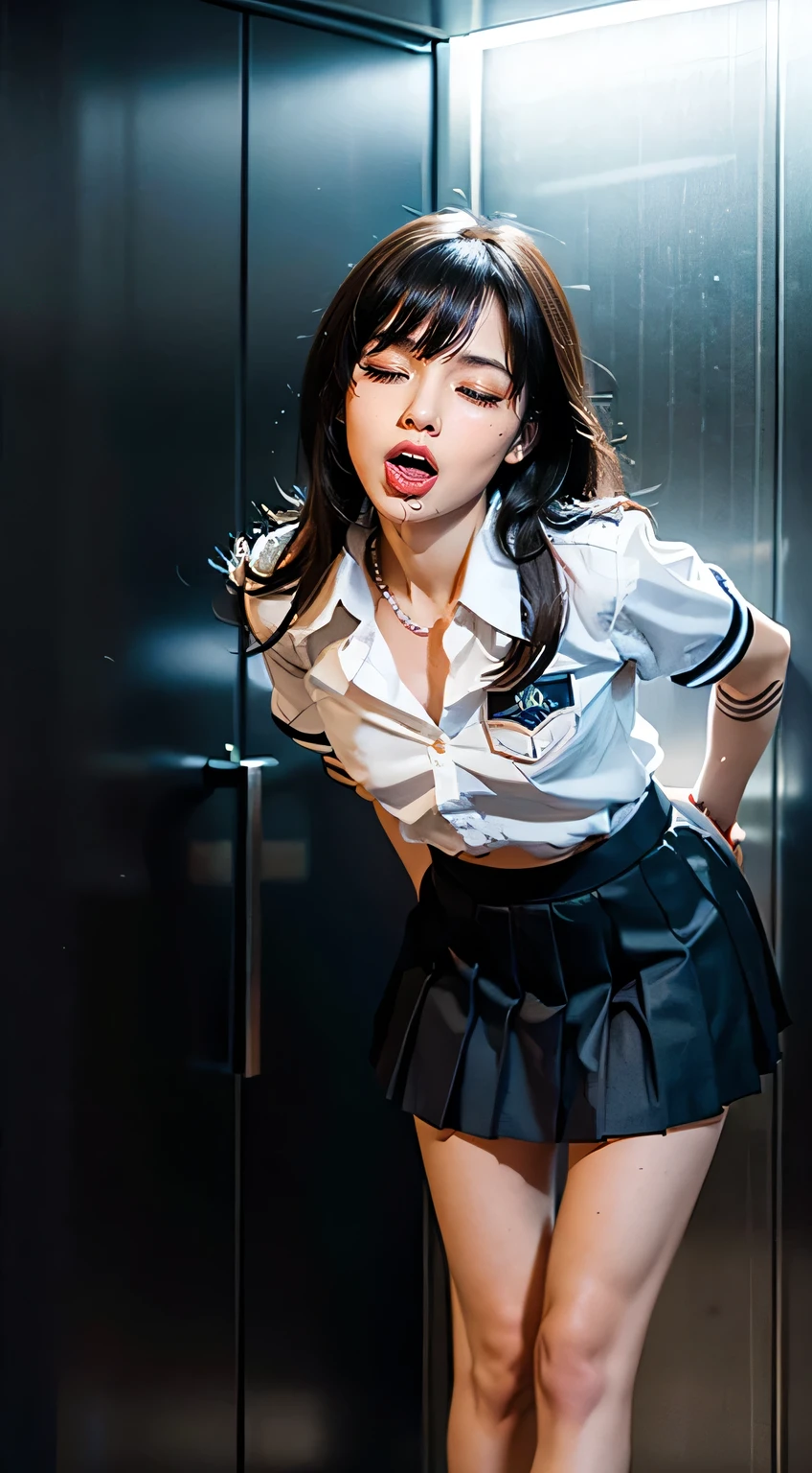 NSFW, (((intercourse with a man:1.5, Insert the penis into the vagina:1.5))), (((Dressing:1.8))), (((Leaning forward:1.8))), (((Eyes closed:1.8, Open mouth:1.8))), (((Trembling girl:1.8, Drooling:1.5))), ((Dressing:1.8, shool uniform:1.8, Pleated mini-skirt:1.8)), (In the elevator:1.8), 18year old, 7headed body, Ideal ratio body proportions, erectile nipple, Medium Hair, A dark-haired, With bangs, , A slender, Small buttocks, beauty legs, Skinny Legs, surrealism, Cinematic lighting, depth of fields, One-person viewpoint, F/1.8, 135 mm, nffsw, masutepiece, ccurate, ((Anatomically correct:1.3)), Textured skin, Super Detail, high details, High quality, awardwinning, Best Quality, hight resolution, 8K