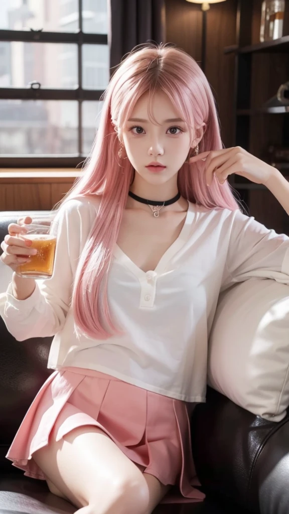 1 woman, yellow eyes, Twin hair, long hair, pink hair, Medium bust, Medium ass, bobby pins, choker, bored facial, earring, short skirt, The white shirt almost came off., sitting on the sofa, lazy, relax, sleepy face , bored, Drink beer, Red face from drinking, blurred background, Very detailed, 8k wallpaper, glare, Ray tracing, realistic