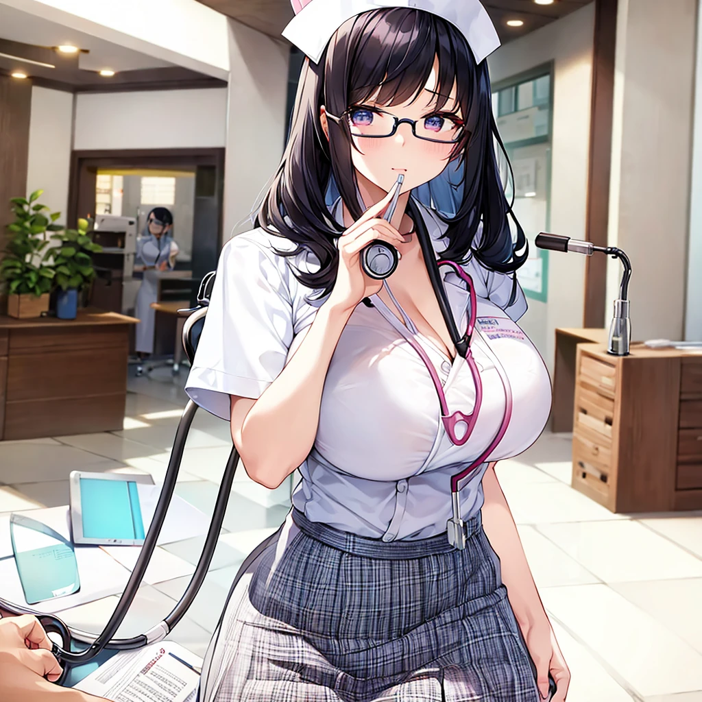 Nurse woman、Nurse cap、skirt、Glasses、photograph、Black Hair、cute、Stethoscope、tits、Big Breasts、Cleavage