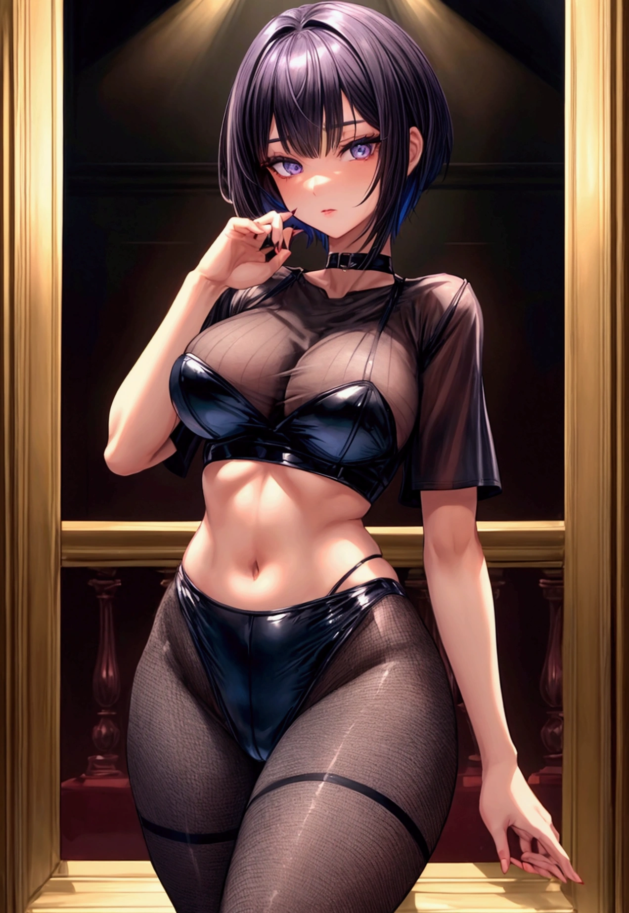 masterpiece, highly detailed, highest quality, high resolution, super precise, (1 girl), plain oversized Tee-shirt, plain semi-opaque colored waist high fishnet pantyhose,, flawless skin, inky black dark violet hair, pixie cut hairstyle, sharp facial features, young 16 year old ager, sharp facial features, high bridged nose, medium height(178cm), cowboy shot, slender and slim body with ample curves, velvet colored eyes,