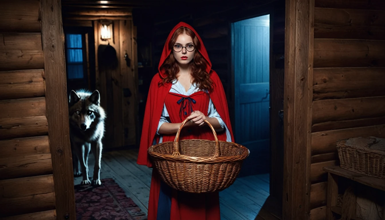 High-contrast photo of a beautiful 23-year-old Russian woman as Red Riding Hood, with long auburn hair and piercing blue eyes, entering a dimly lit bedroom with a mix of fear and curiosity on her face, holding a wicker basket, full body framing, confronting an anthropomorphic wolf poorly disguised as her grandmother in bed, wearing a nightcap and comically oversized glasses, in a rustic cabin interior, dramatic chiaroscuro lighting emphasizing shadows, shot from a slightly low angle, on a Canon EOS R5 with a 24mm wide-angle lens for a sense of unease, (film noir aesthetic:1.3), in the style of (Gregory Crewdson:1.4) meets (Tim Burton:1.2)