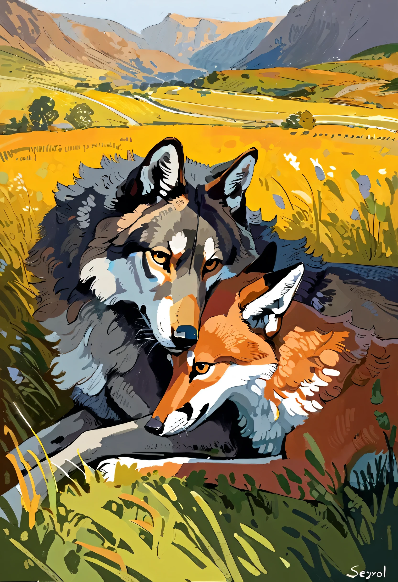 ((large gray wolf lovingly nuzzling a fox)), feral, (by seyorrol), (tail), ((intricate detailed background, field background)) realistic shading, (epic, masterpiece, high quality, 8k, ultra HD, absurd res, top quality, best quality, max quality, masterpiece), (correct anatomy:1.2), snout, fur, (((realistic eyes))), (dynamic lighting), (((expressive)), (detailed eyes),