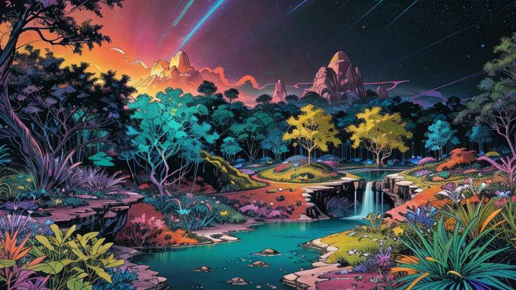 A photorealistic fantastical landscape. The background features floating islands covered in bioluminescent plants, cascading waterfalls of rainbow colors, and giant crystalline structures that refract light. Vibrant colors include deep purples, electric blues, neon pinks, and shimmering golds. The lighting is ethereal, with a soft glow emanating from the plants and crystals. Broad strokes of bright, contrasting colors sweep across the sky, reminiscent of an abstract painting - vibrant oranges, lime greens, and vivid magentas create a striking contrast against the fantastical elements.