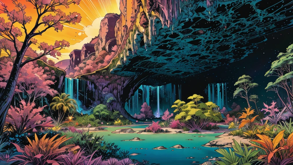 A photorealistic fantastical landscape. The background features floating islands covered in bioluminescent plants, cascading waterfalls of rainbow colors, and giant crystalline structures that refract light. Vibrant colors include deep purples, electric blues, neon pinks, and shimmering golds. The lighting is ethereal, with a soft glow emanating from the plants and crystals. Broad strokes of bright, contrasting colors sweep across the sky, reminiscent of an abstract painting - vibrant oranges, lime greens, and vivid magentas create a striking contrast against the fantastical elements.